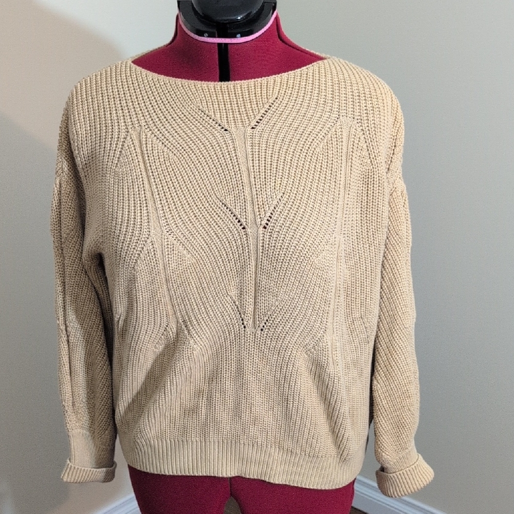 Repeat| Beige Boxy Fit Rib Knit Boatneck Pullover Cable Pattern Beige Sweater